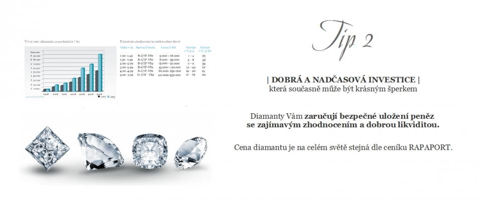 +420 606 026 296, obchod@cabrha.cz | Tip 2 |DOBRÁ A NADČASOVÁ INVESTICE, která současně může být krásným šperkem. | Bezpečné uložení peněz se zajímavým zhodnocením a dobrou likviditou. |Cena diamantu je na celém světě stejná dle ceníku RAPAPORT.
